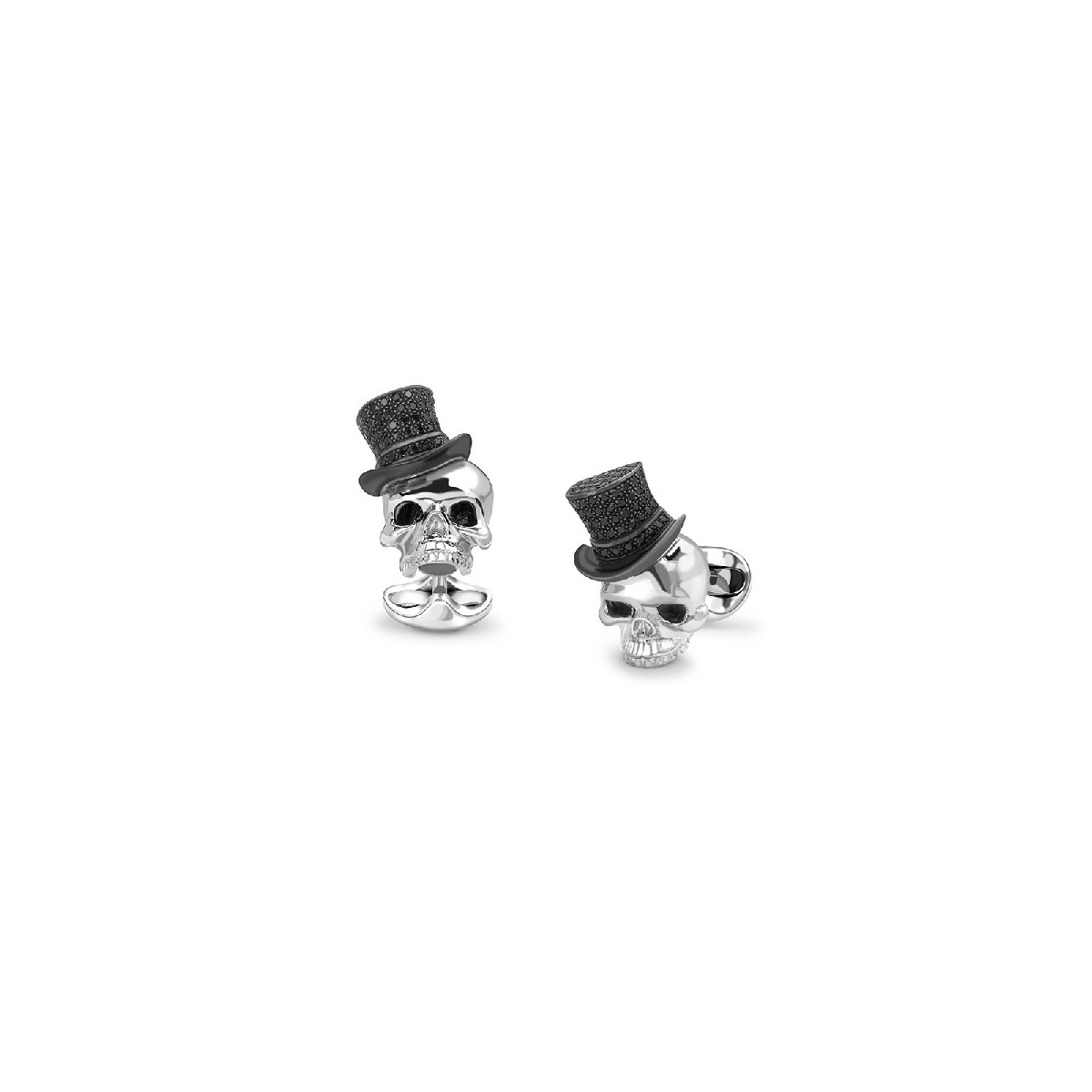 STERLING SILVER SKULL CUFFLINKS WITH BLACK SPINEL TOP HATS C1673X0002