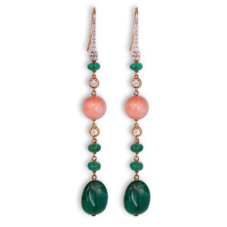 LONG EARRINGS WITH DIAMONDS, CORAL AND EMERALDS