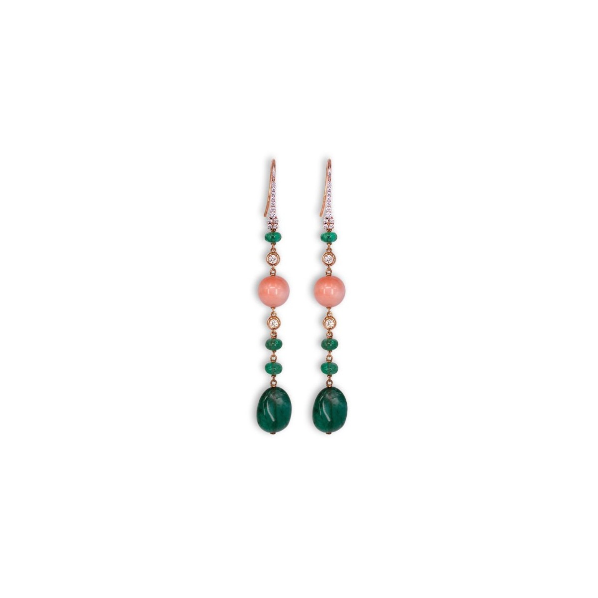 LONG EARRINGS WITH DIAMONDS, CORAL & EMERALDS
