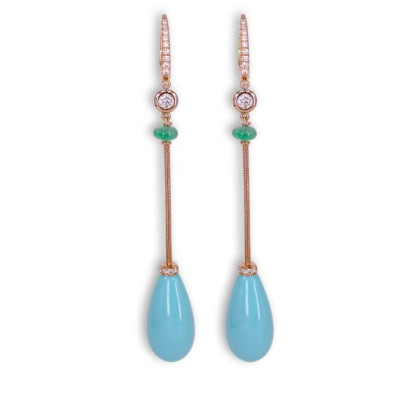 LONG EARRINGS WITH TURQUOISE, EMERALD AND DIAMONDS