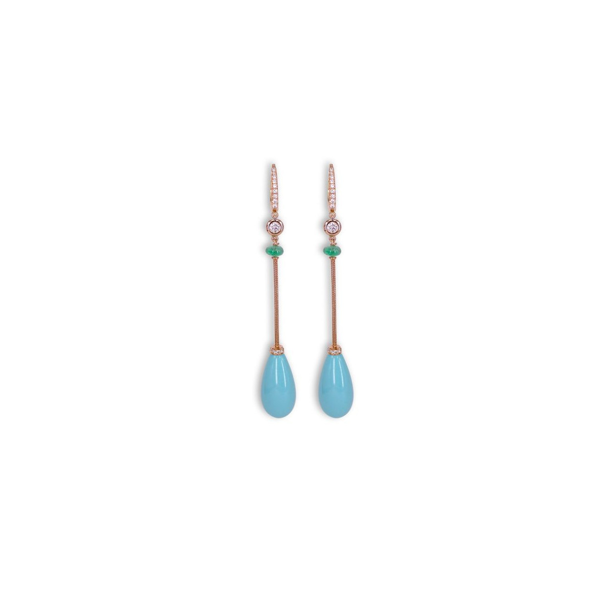 LONG EARRINGS WITH TURQUOISE, EMERALD AND DIAMONDS