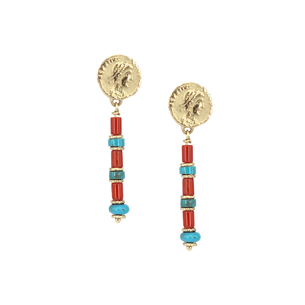 YELLOW  GOLD EARRINGS WITH CORAL AND TURQUOISE