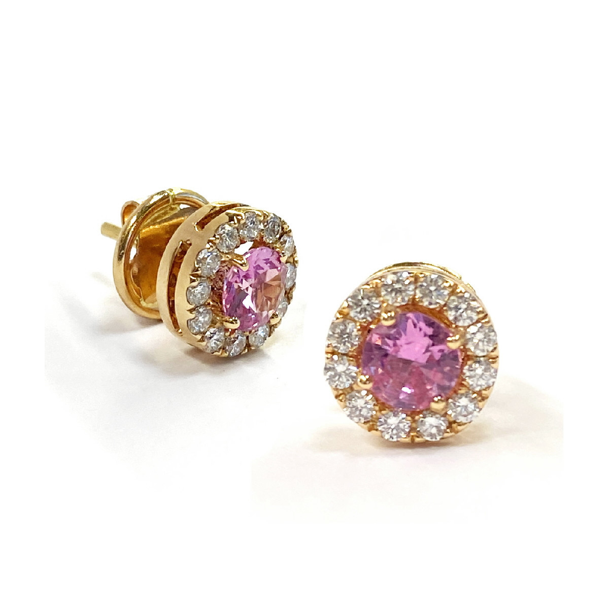 ROUND EARRINGS WITH DIAMONDS AND PINK SAPPHIRE.