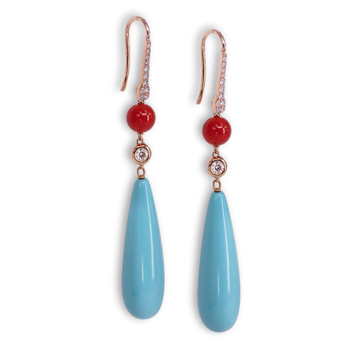 ROSE GOLD EARRINGS WITH CORAL, TURQUOISE & DIAMONDS