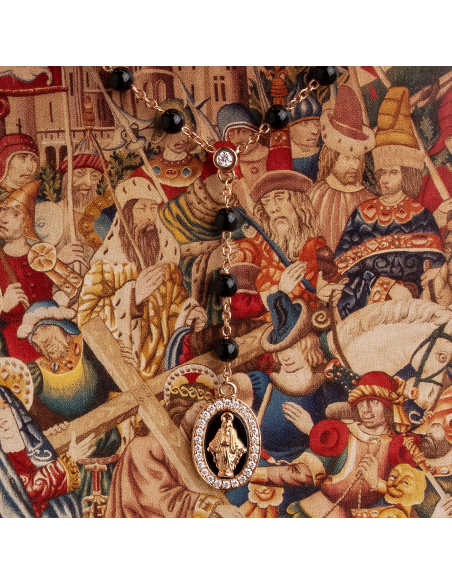 Rose Gold Rosary Necklace with Onyx and Diamonds - Sacred
