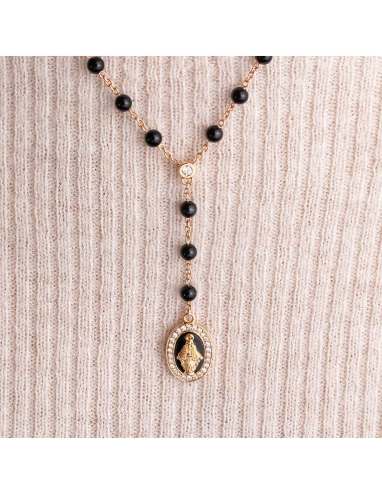 Rose Gold Rosary Necklace with Onyx and Diamonds - Sacred