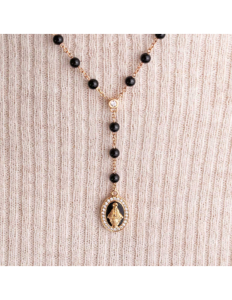 Rose Gold Rosary Necklace with Onyx and Diamonds - Sacred