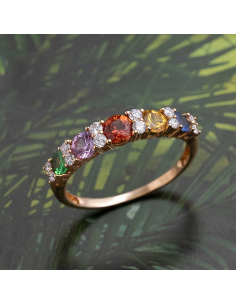 Rose gold band ring with multicoloured sapphires and diamonds