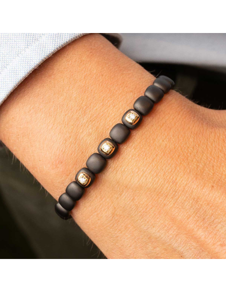 Pulsera de cerámica, oro rosa con tres dijes en diamantes | PR Joyeros