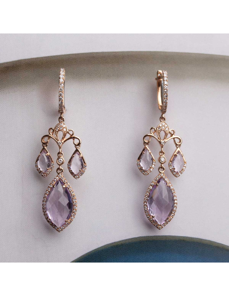 Pendientes oro rosa con amatistas y diamantes – Estilo majestuoso | PR