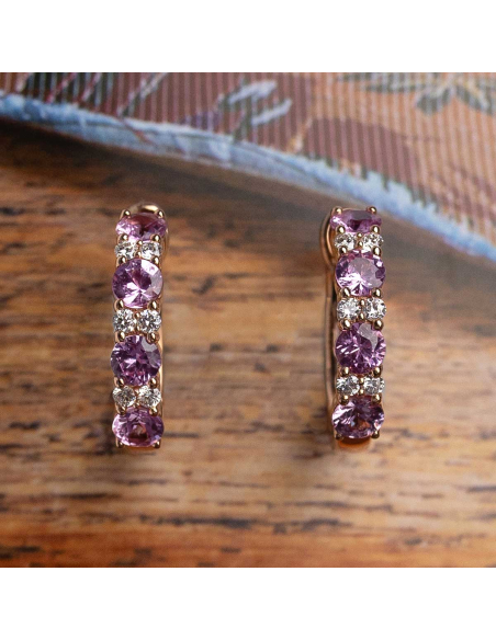 Rose gold hoop earrings with diamonds and pink sapphires | PR Joyeros
