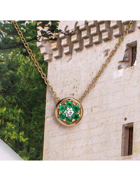 18 Kt yellow gold necklace with emeralds and diamond - PR Joyeros