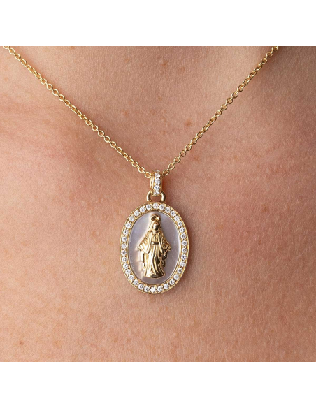 Yellow gold necklace with Miraculous Virgin mother-of-pearl and diamon
