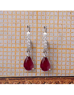 Pendientes oro blanco con diamantes y rubí lágrima / PR JOYEROS