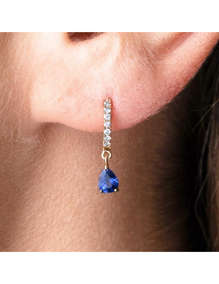 Rose gold earrings with diamonds and teardrop sapphires