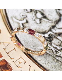 Anillo Oro Rosa 18Kt con Diamantes y Zafiros Multicolor