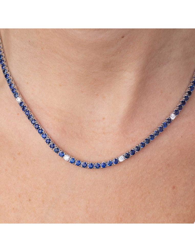 White Gold 18 kt Rivière Necklace with Sapphires and Diamonds | PR Jew