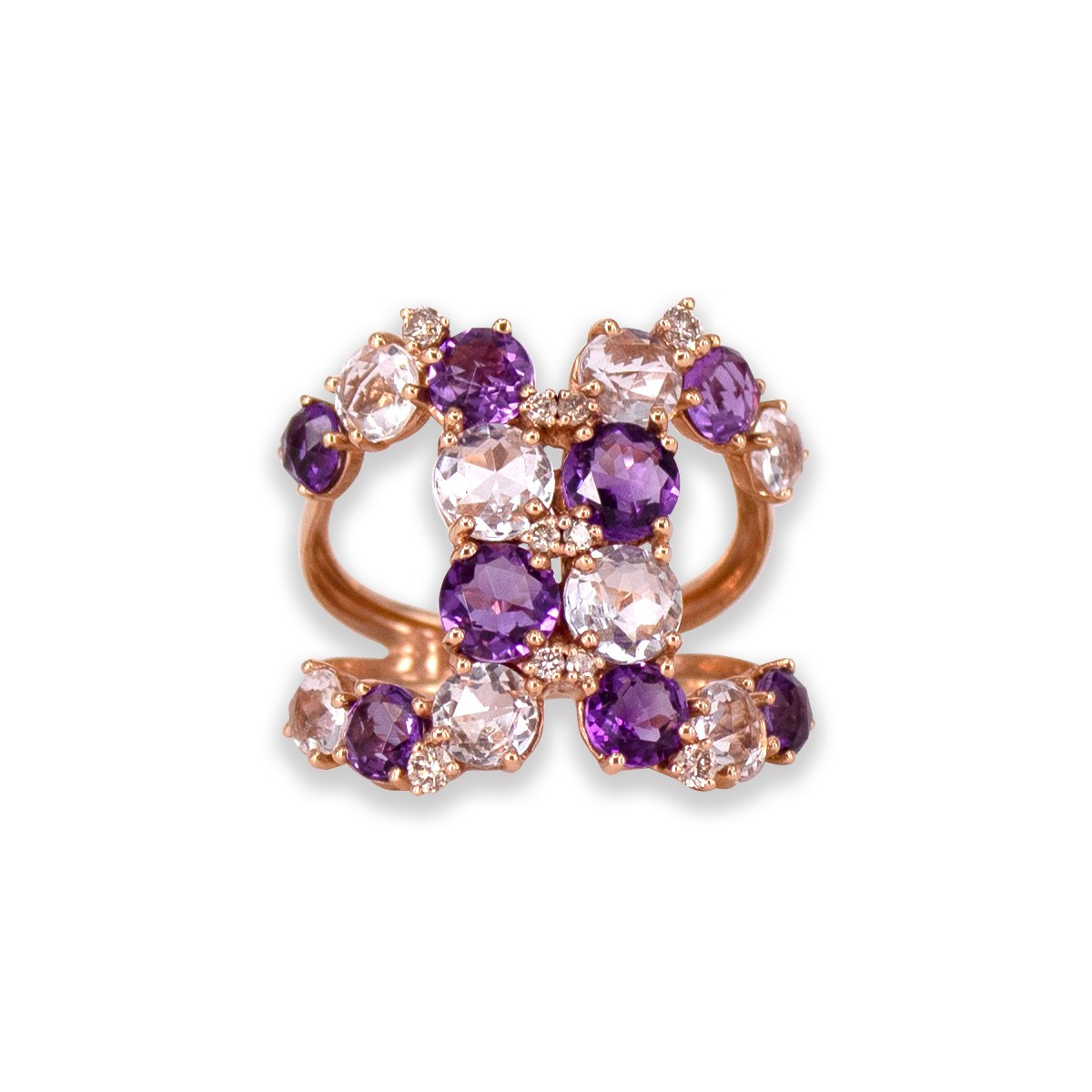 ROSE GOLD RING WITH DIAMONDS, AMETHYSTS AND WHITE TOPAZ