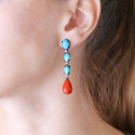 EARRINGS, LONG CORAL AND TURQUOISE WITH BRILLIANT